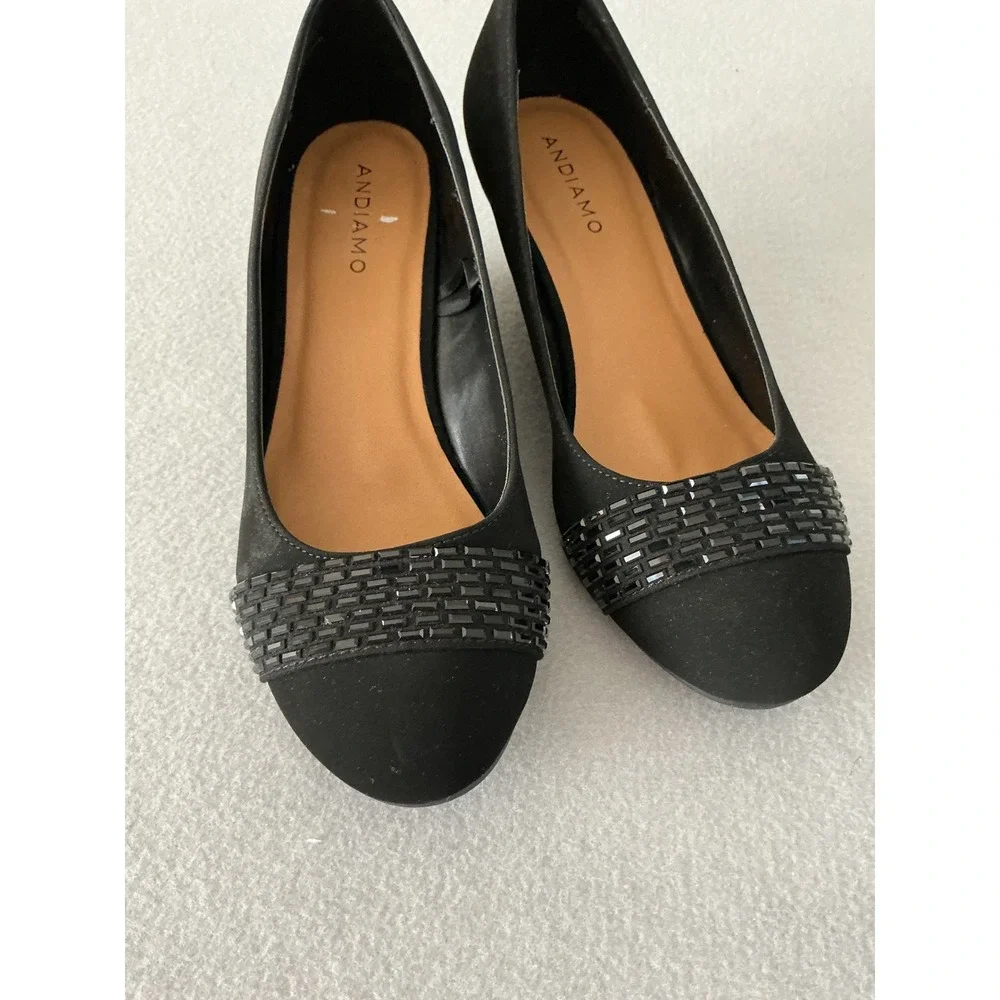Andiamo Wedge Pumps Size 10 Black Beaded Toe Slip On Shoes